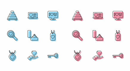 Set line Necklace with heart shaped, Heart in hand, Wedding cake, Key, Diamond engagement ring, tag, Search love and Dating app online icon. Vector