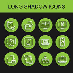 Set line Online working, Time management, Hierarchy organogram chart, Mute microphone, Video camera Off mobile and laptop icon. Vector