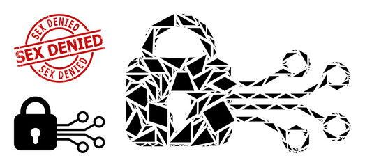 Simple geometric digital lock mosaic and Sex Denied grunge stamp imitation. Red stamp seal has Sex Denied tag inside circle and lines template.