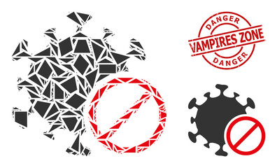 Simple geometric forbidden virus mosaic and Danger Vampires Zone rubber stamp imitation. Red stamp contains Danger Vampires Zone text inside circle and lines template.