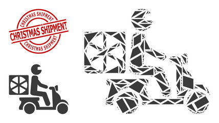 Simple geometric pizza motorbike delivery mosaic and Christmas Shipment unclean stamp seal. Red seal includes Christmas Shipment title inside round and lines shape.