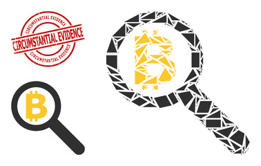 Simple geometric bitcoin audit mosaic and Circumstantial Evidence rubber stamp seal. Red seal has Circumstantial Evidence text inside circle and lines shape.
