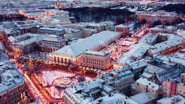 St. Petersburg, Russia, winter 2021: aerial view new year's fair in st. Petersburg, aerial view snow covered winter city