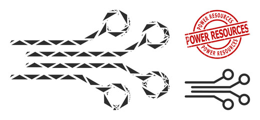 Simple geometric electrical connectors mosaic and POWER RESOURCES rubber stamp imitation. Red stamp seal has Power Resources title inside round and lines template.