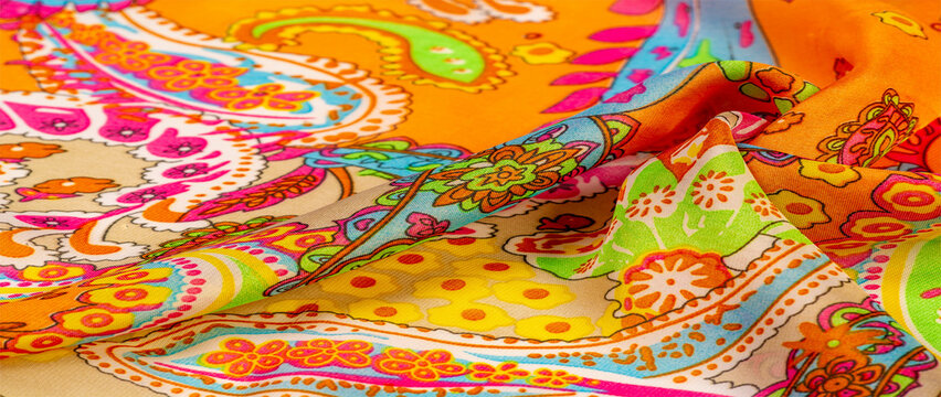 Texture, background, paisley silk fabric, Indian themes ornate traditional paisley elements with ethnic details in a bohemian print, decorative fabric for your design and accents projects, multicolor