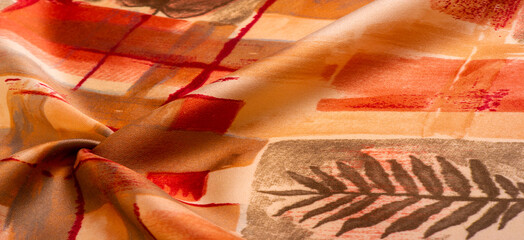 Texture. Background. Template. red and yellow brown silk fabric with abstract pattern, print made...