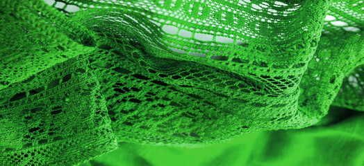 Background, texture, pattern, green lace fabric, thin open fabric, usually made of cotton or silk,...