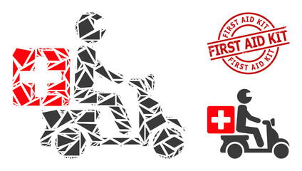 Simple geometric medical motorbike mosaic and First Aid Kit unclean seal. Red seal includes First Aid Kit title inside round and lines shape.