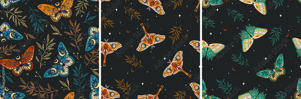 Wall mural set of seamless patterns with moths. vector graphics. contemporary composition. trendy texture for p