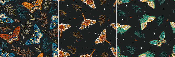 Set of seamless patterns with moths. Vector graphics. Contemporary composition. Trendy texture for print, textile, packaging.