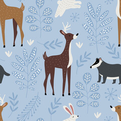 Hand drawn vector seamless pattern with forest folk like deer, badger and hare and botanical motif in Scandinavian style
