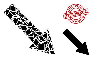 Simple geometric right down arrow mosaic and Heterosexual dirty stamp. Red stamp contains Heterosexual text inside circle and lines shape.