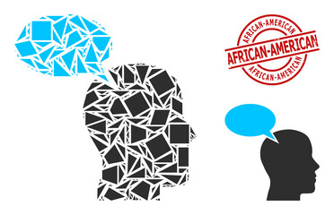 Simple geometric imagination cloud mosaic and African-American grunge stamp seal. Red stamp seal includes African-American caption inside round and lines template.