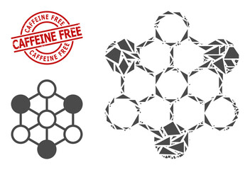 Simple geometric blockchain mosaic and Caffeine Free rubber stamp imitation. Red stamp seal contains Caffeine Free title inside circle and lines form.