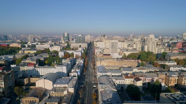 Aerial view of the empty Bogdan Khmelnytsky Street in Kyiv at dawn.