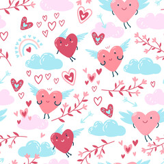 Cute seamless pattern with lovely hearts and flowers