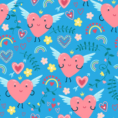 Lovely seamless pattern with adorable hearts and decorative elements on blue background