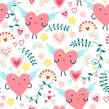 Lovely seamless pattern with adorable hearts and decorative elements