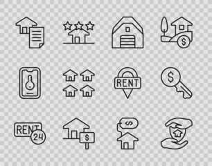 Set line Rent, House with shield, Garage, dollar, contract, Real estate, and key icon. Vector