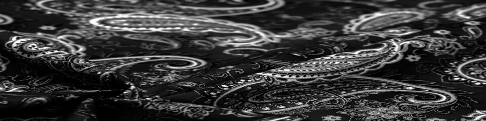 Paisley black-white pattern on a black background. decorated the bandanas of cowboys and bikers popularized by The Beatles, ushered in the era of hippies and became the emblem of rock and roll. - obrazy, fototapety, plakaty