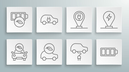 Set line Eco car, Electric, Battery charge, Charging parking electric, and nature leaf battery icon. Vector