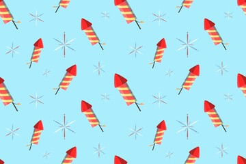 Rocket Fireworks Seamless Pattern Design on Blue Background