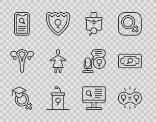 Set line Teacher, Gender equality, Work for female, Debate podium rostrum, Dating app, Female, and Money growth woman icon. Vector