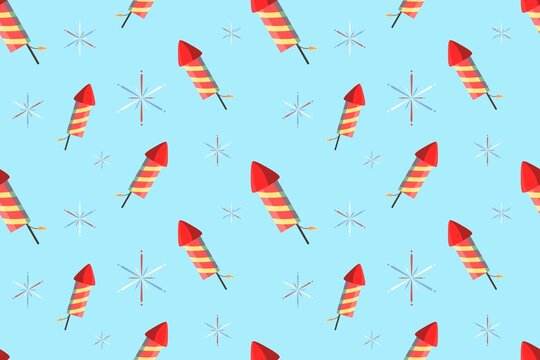 Rocket Fireworks Seamless Pattern Design on Blue Background