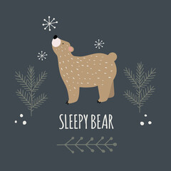 Hand drawn card or print with little bear in the forest with text lettering - Sleepy Bear. Scandinavian style vector illustration © Daria