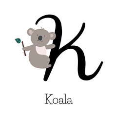 Capital letter K for Koala with little koala bear, childish alphabet with the names of animals, hand drawn vector illustration