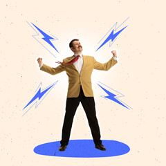 Contemporary art collage. Creative design. Motivated, energized businessman