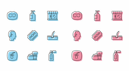 Set line Broken hair follicle, Shaving brush with foam, Mustache and beard, Aftershave atomizer, Blade razor, Human, Baldness and Bottle of shampoo icon. Vector