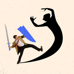 Creative artwork of businessman fighting with his own shadow symbolizing overcoming internal fears and barriers