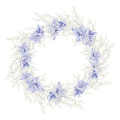 Violet floral wreath watercolor illustration with hand drawn boho flower, Bluebells , wildflowers, spring elegant garden flowers in color trendy very peri. Bohemian bouquet illustration for wedding