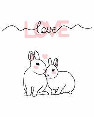 Postcard with minimalistic couple of bunnies in love and hand-written Love lettering. Line art and doodle for Valentine's Day. Vector illustration
