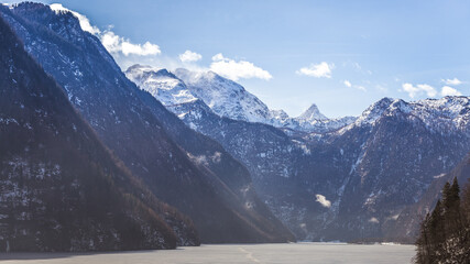 koenigsee mountain forest clouds winter