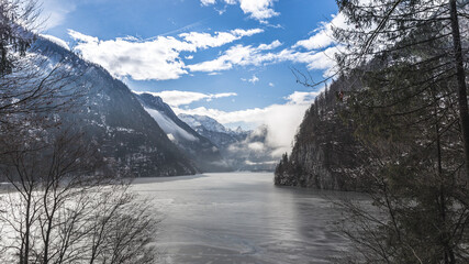 koenigsee mountain forest clouds winter