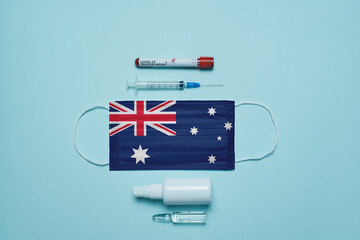 Blood tube for test detection of virus Covid-19 Omicron Variant with positive result, medicine mask...