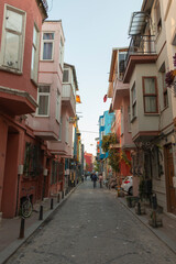 Fototapeta na wymiar Balat district street view in Istanbul. Balat is popular tourist attraction. 