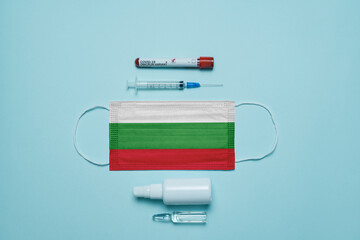 Blood tube for test detection of virus Covid-19 Omicron Variant with positive result, medicine mask...