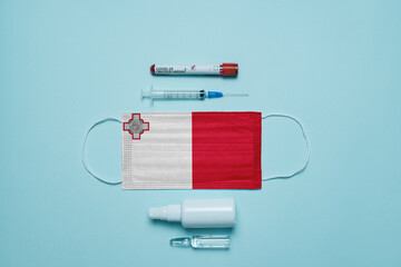 Blood tube for test detection of virus Covid-19 Omicron Variant with positive result, medicine mask...