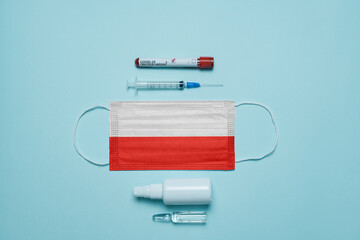 Blood tube for test detection of virus Covid-19 Omicron Variant with positive result, medicine mask...