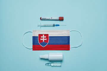Blood tube for test detection of virus Covid-19 Omicron Variant with positive result, medicine mask...