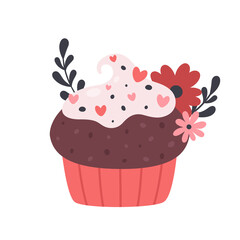 Valentine's Day sweet cupcake with flower decor. Vector illustration