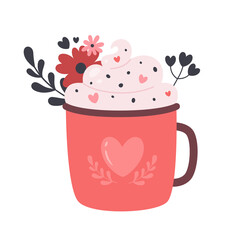 Valentine's Day hot drink. Coffee cup with cream, hearts and flowers. Vector illustration