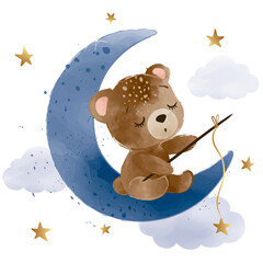 Cute little teddy bear is sitting on the moon and catching stars, vector illustration, kids fashion artworks, baby graphics for wallpapers and prints.