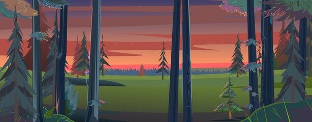 Night landscape with trees and fir trees. Evening sunset. Coniferous forest at dusk. Dark summer scene. Illustration in cartoon style flat design. Vector