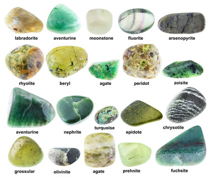 set of various polished green minerals with names