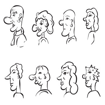Funny Cartoon Comic Characters of Men and Women in Profile Illustration