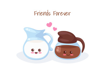 Cute Milk Jug and Coffee characters in cartoon kawaii style. Breakfast drinks set. Vector illustration isolated on white background. Use for card, fabric print, children poster. Americano with milk.